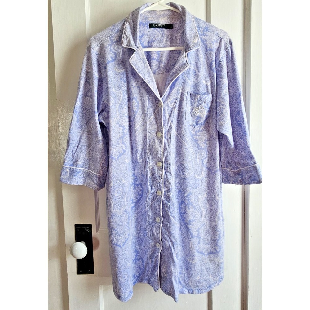 Lauren Ralph nightgown blue paisley monogram buttoned‎ trimmed Sz L 100% cotton